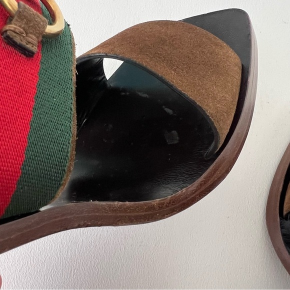 GUCCI || Querelle Horsebit Web stripe Suede Chunky Gold High Heel Sandal EU 38 - Picture 8 of 15